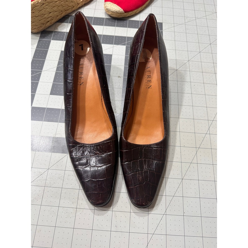 Lauren Ralph Lauren VTGE Pumps Size.7B Brown Croc Embossed Leather Block Heel - Picture 5 of 8